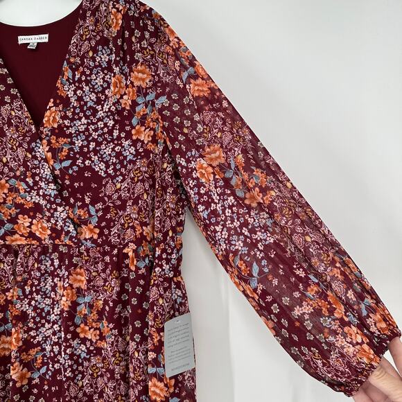 Sandra Darren Wine Floral Long Sleeve Surplice Bust New Dress Womens Plus Sz 16 - Picture 6 of 11